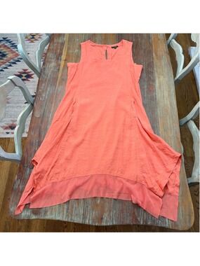 For Cynthia Linen Blend Handkerchief Hem Mesh Sleeveless Midi Sundress Coral XL